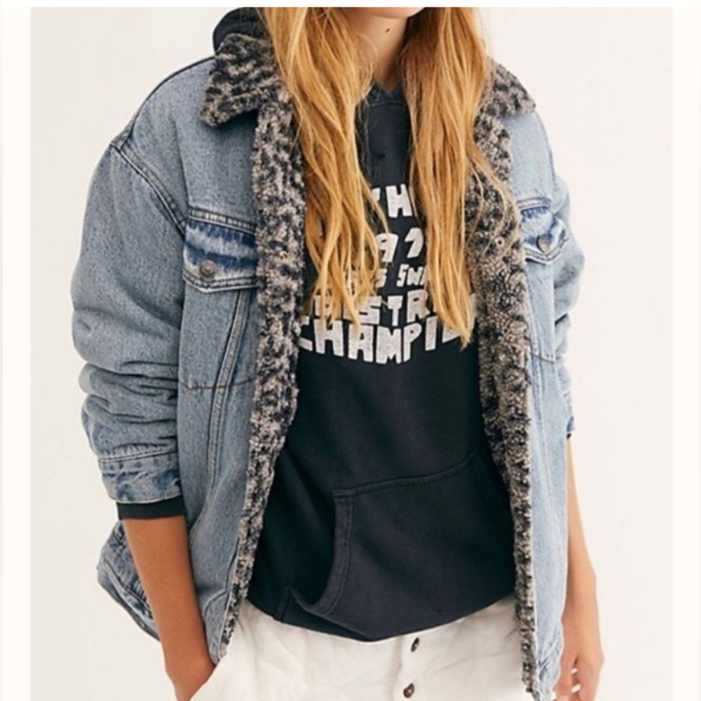 Free People Wild Ones Leopard Print Sherpa Lined Oversized Denim Jacket XS